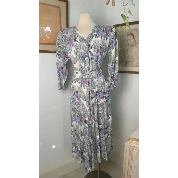 VTG 80s Floral Button Up Midi Dress Purple Rose Pattern Cottagecore style - Picture 7 of 8
